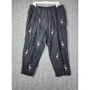 Silks by I.S.C. Silk Trousers Women Large Black Pink Flamingo Embroidered Pants
